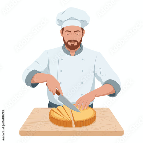 A professional chef skillfully slices a delicious pie, showcasing culinary expertise and inviting the viewer to appreciate the artistry of baking and cooking.