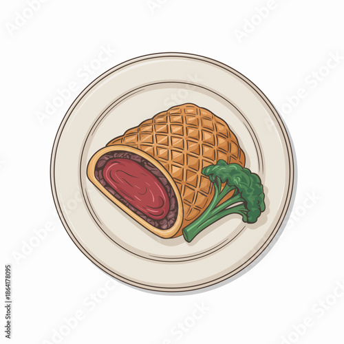 A gourmet beef Wellington wrapped in a golden pastry shell, served with a side of vibrant green broccoli, presenting an elegant dish for fine dining enthusiasts.