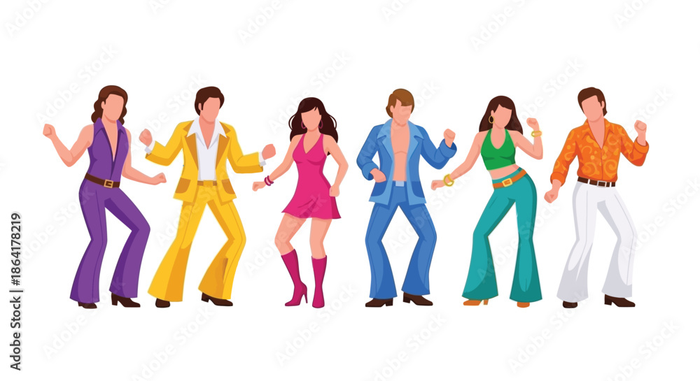 Fototapeta premium A group of people in 1970s attire joyfully dancing together