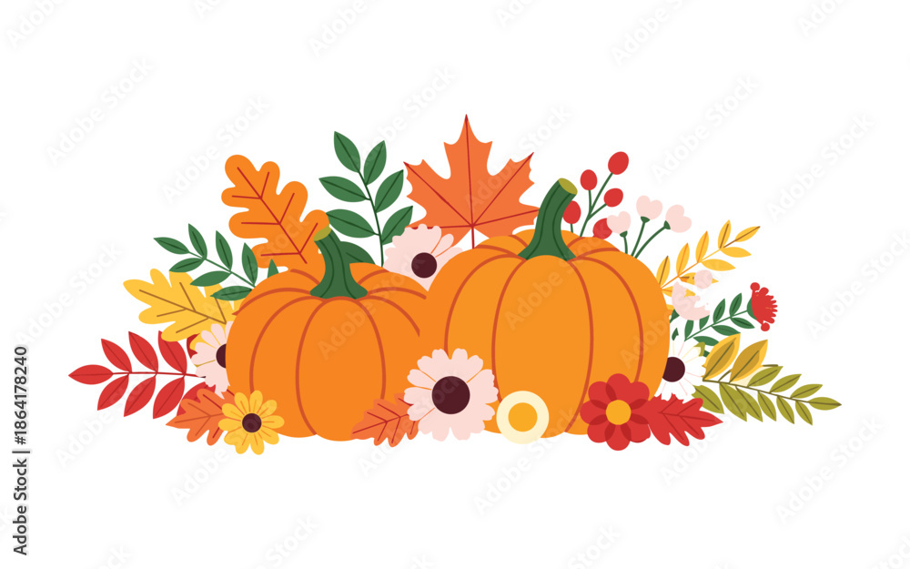 Naklejka premium Autumn Harvest Pumpkins and Leaves Vector Illustration