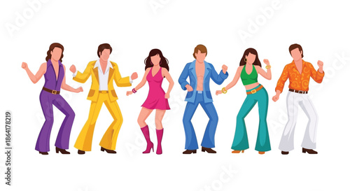 A group of people in 1970s attire joyfully dancing together