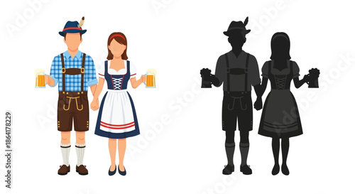 Bavarian couple in traditional oktoberfest attire shown in color and silhouette