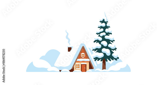 A cozy winter cabin scene with snow covered roof and evergreen trees
