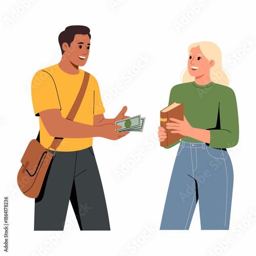 A joyful exchange between two individuals, one offering cash while the other presents a book, showcasing the essence of trade and camaraderie in everyday life.