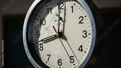 Close up of an analog clock showing the time is 8 -20.
