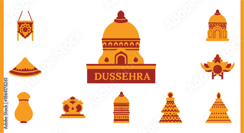 Colorful depictions of traditional indian religious architecture and festival elements