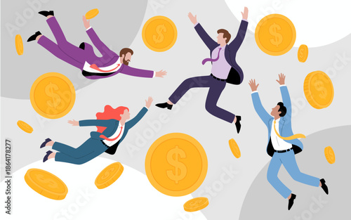 A group of business professionals joyfully engage in a celebration of success, surrounded by flying coins, representing wealth and achievement in their careers.