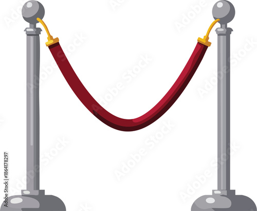 A pair of silver stanchions with a red velvet rope draped between them, commonly used for crowd control or VIP areas.