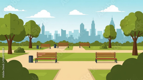 A serene city park with benches and trees overlooking a bustling metropolis skyline