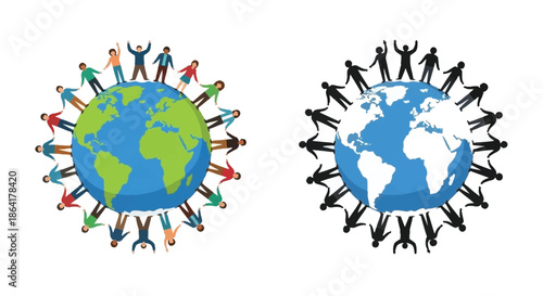 People of the world united in a circle around two globes