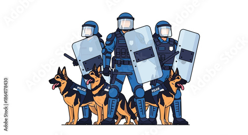 Police officers with riot shields and canine units standing in formation