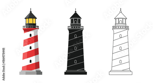 Three lighthouse illustrations in varying styles color silhouette and outline