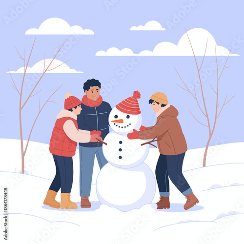 This charming winter scene captures three friends joyfully constructing a snowman, infused with fun and warmth, exemplifying friendship and the joy of winter activities.