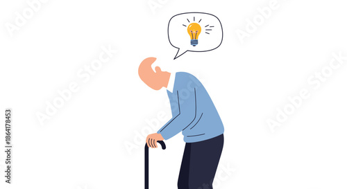 Elderly man with a walking cane having an idea illustrated with a thought bubble
