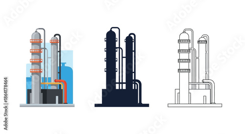 Industrial refinery towers in three different stylistic representations
