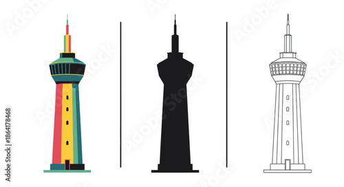 Illustrations of various towers colorful silhouetted and detailed renderings