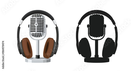 Retro microphone combined with headphones in color and monochrome illustration