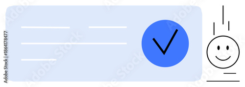 Verification concept. Blue checkmark approval while smiling face enhances trust. Verification key to identity authentication, digital communication, and user satisfaction. For technology, apps, UX