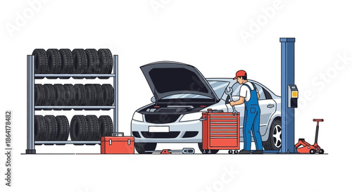 An automotive technician repairing a vehicle in a well equipped garage setting