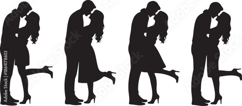 Romantic couple silhouette set, kissing man and woman collection, wedding lovers vector illustration isolated on white background design