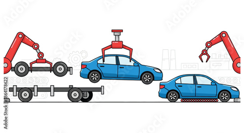 Automated car manufacturing process with robotic arms and assembly line