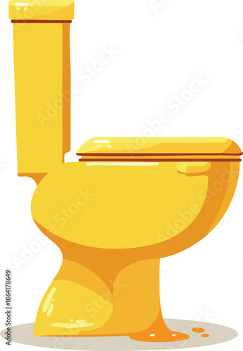 A cartoon illustration of a shiny golden toilet with a tank, bowl, and seat, featuring golden liquid drips at its base.