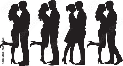 Romantic couple silhouette set, kissing man and woman collection, wedding lovers vector illustration isolated on white background design