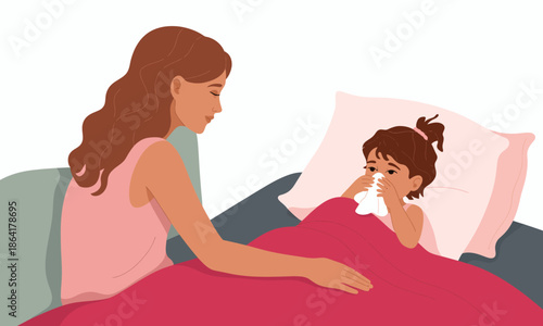 A nurturing mother gently comforting her sick child in bed, fostering a warm atmosphere of love and care, emphasizing the bond between parent and child during tough times.