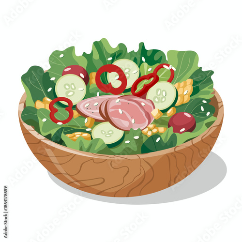 This appetizing image showcases a fresh salad overflowing with vibrant greens, colorful vegetables, and delightful toppings, emphasizing health and nutrition in everyday meals.