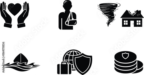black and white icons of various insurance concepts and natural disasters