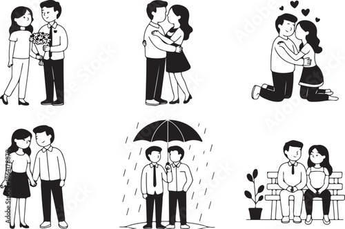 Romantic couple silhouettes in various love and relationship scenes vector illustration