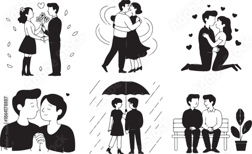 Romantic couple silhouettes in various love and relationship scenes vector illustration