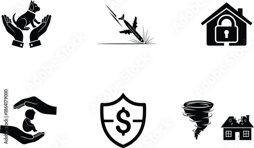 Black and white icons of various insurance concepts and symbols