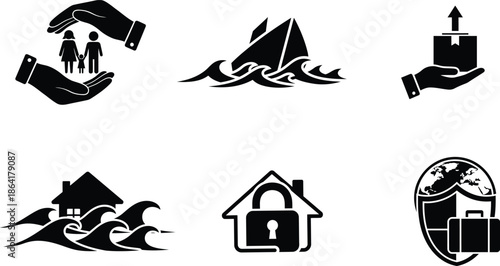 Black icons of family protection sailing package delivery house in a storm house with lock and globe with suitcase