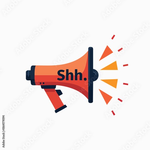 A vibrant orange megaphone with 'Shh.' text, emitting subtle sound waves, representing quiet communication or a secret announcement.