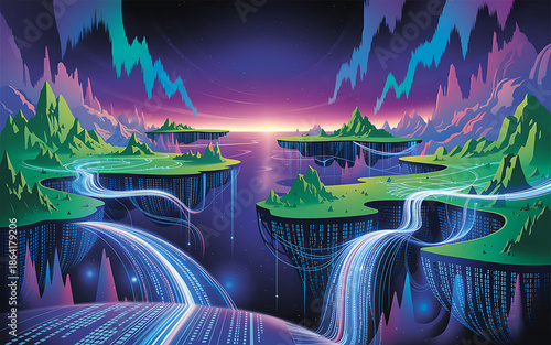 A vibrant digital landscape featuring floating islands with glowing data streams and futuristic mountains