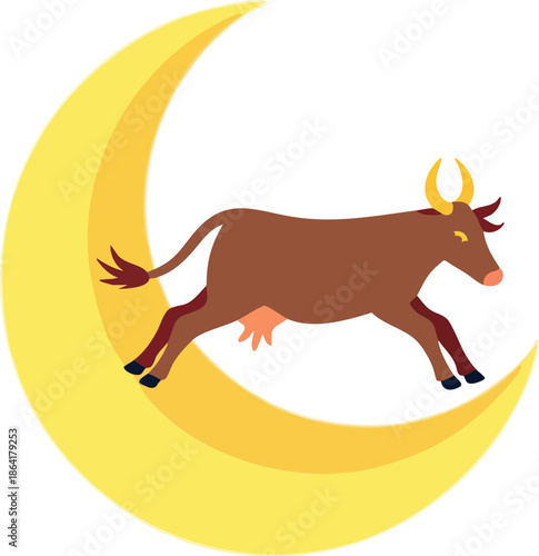 A whimsical cartoon illustration of a brown cow with horns and udders leaping over a bright yellow crescent moon against a white background.