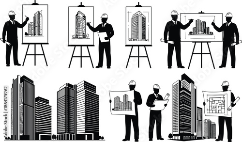 Architectural engineer silhouette set with building blueprints, professional construction manager planning skyscraper projects, urban development and real estate design illustration,