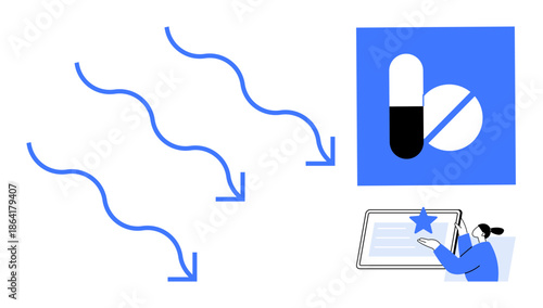 Healthcare, medication tracking, digital tools, pharmaceutical services, telemedicine, patient care. Arrows, pill icon and person on tablet screen. Healthcare and medication tracking visualization