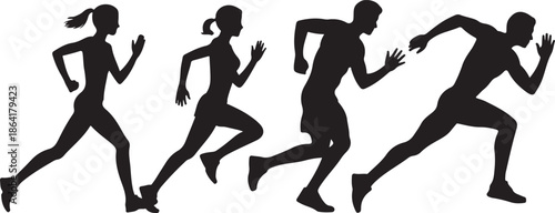 Running man and woman silhouettes set. Male and female runners figure shapes. Bare and naked slim healthy people work out