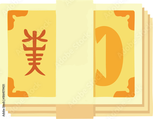 A stack of yellow paper money or joss paper with a red Chinese character on one side and an orange number one on the other, in a flat illustration style.
