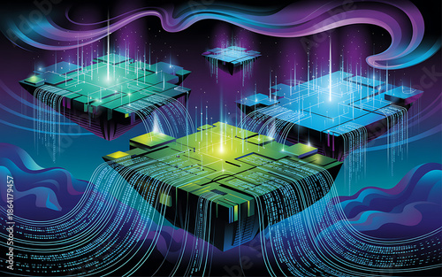 Advanced data stream network connecting glowing futuristic processing units in a digital realm