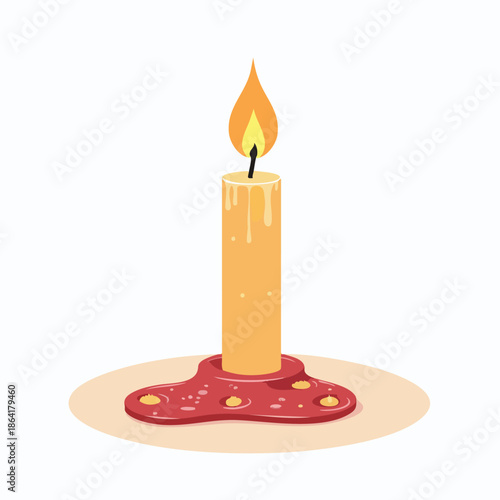 A lit yellow candle with a bright flame, melting wax dripping onto a red wax pool on a light surface.
