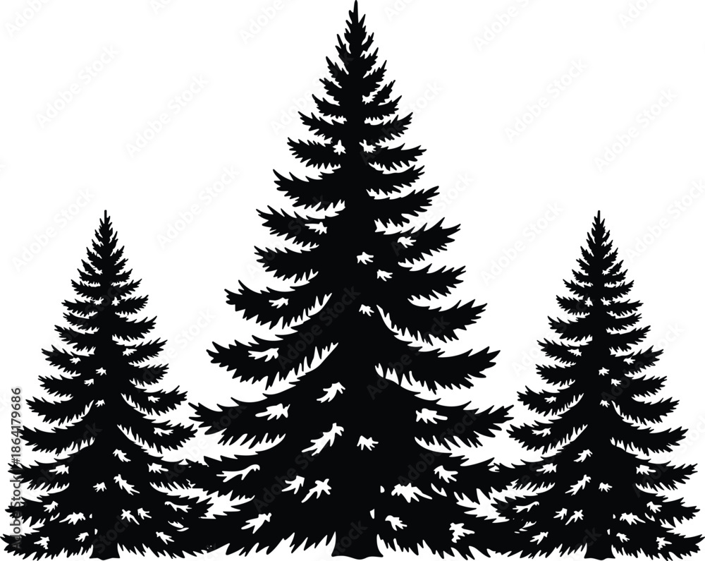 Obraz premium Black spruce tree silhouette vector illustration featuring three pine trees of varying heights for forest, wilderness, nature, and outdoor landscape designs.