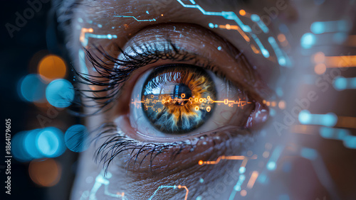 AI-Generated Futuristic Eye Close-Up with Digital Interface Overlay, Conceptual Illustration of Artificial Intelligence, Biometrics, Cyber Technology, Vision, and Advanced Human Machine Interaction