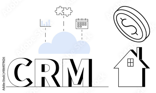 Customer relationship management, data analytics, cloud solutions, financial tools, real estate, market strategy. CRM text with cloud, chart coin calendar and house icons. CRM and data analytics