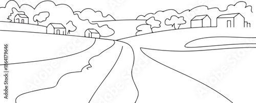Rural landscape continuous one line vector drawing. Lake house in the woods hand drawn silhouette. Country nature panoramic sketch. Village minimalistic contour illustration