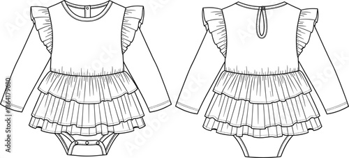 Baby girl ruffle romper fashion technical sketch set, long sleeve infant bodysuit illustration, tiered frill toddler apparel design template,