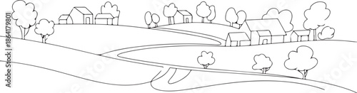 Rural landscape continuous one line vector drawing. Lake house in the woods hand drawn silhouette. Country nature panoramic sketch. Village minimalistic contour illustration
