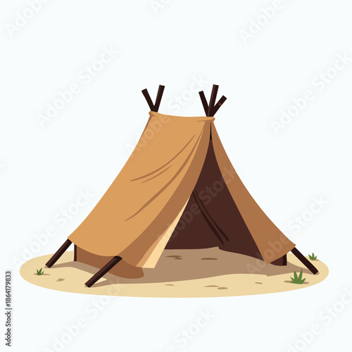 Simple cartoon illustration of a brown camping tent with wooden poles on a patch of ground.